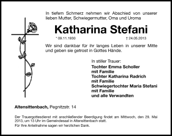 Traueranzeige von Katharina Stefani von Hersbrucker Zeitung